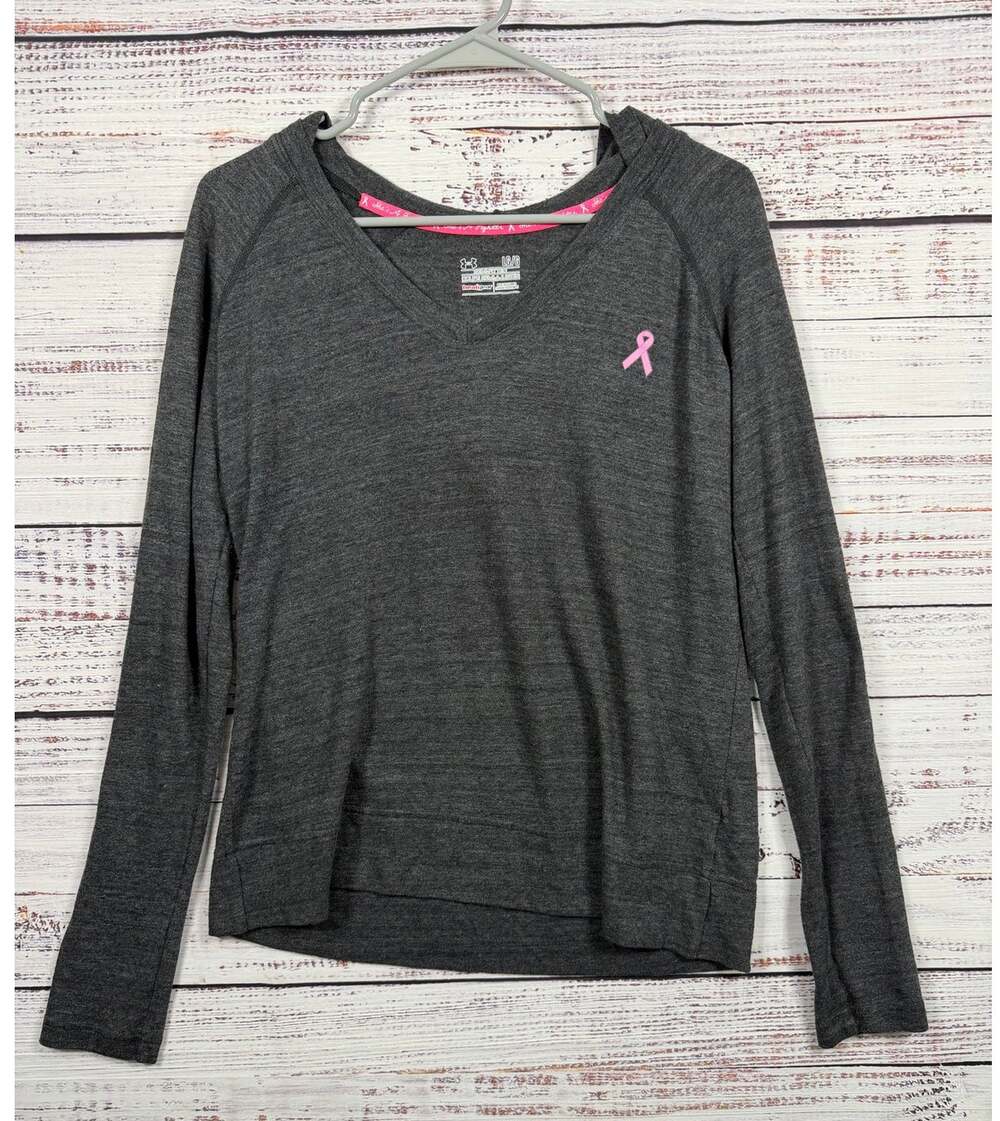 Under Armour Power in Pink Womens Hooded Top L Gray Breast Cancer Ribbon V-Neck